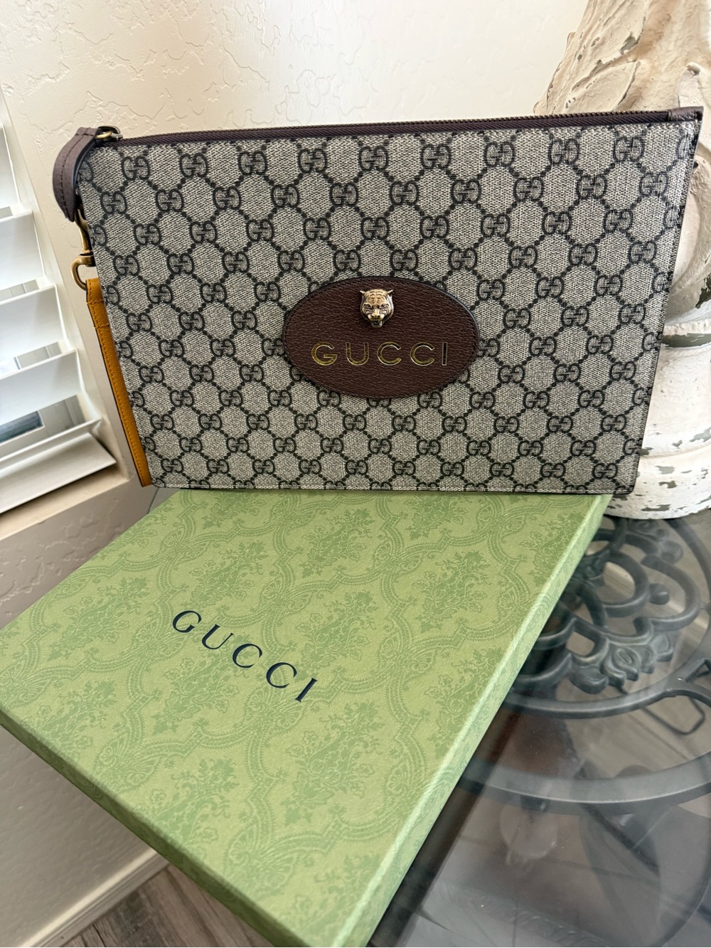 Gucci GG Supreme Canvas Pouch in Beige and Brown with Gold Accent